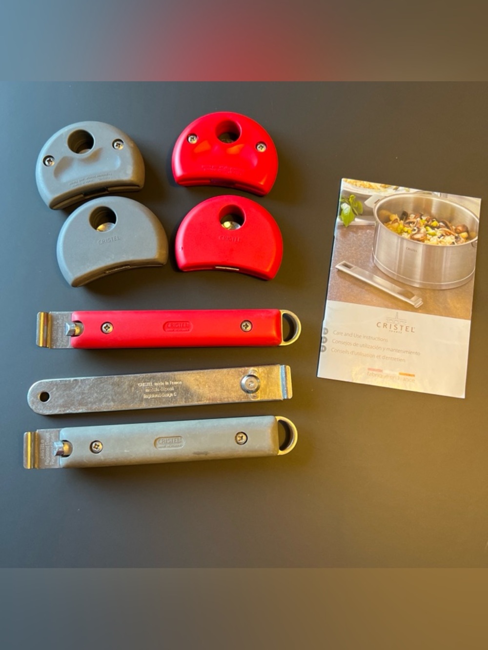 Cristel France Removable Pot Pan Handles And Side Handles Red, Gray, Steel